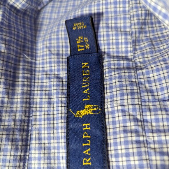 Ralph Lauren Shirt Mens 17.5 Blue Small Check Pony Dress Button Up Long Sleeve - Picture 3 of 4